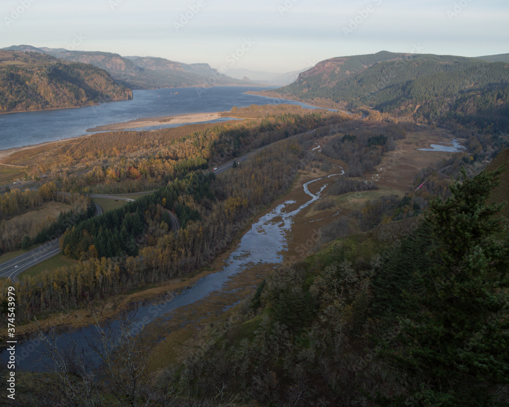 Columbia River Gorge National Scenic Area – Pacific Northwest Landscape with Road near Portland, Oregon, USA