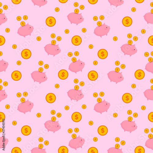 Seamless pattern, piggy bank with money on a pink background. Vector illustration, flat cartoon design, eps 10.