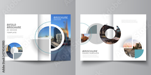 Vector layout of two A4 cover mockups design template for bifold brochure, flyer, cover design, book, brochure cover. Background with abstract circle round banners. Corporate business concept template