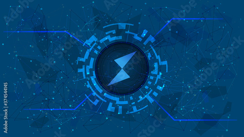 Thorchain RUNE token symbol of the DeFi project in a digital circle with a cryptocurrency theme on a blue background. Cryptocurrency icon. Decentralized finance programs. Copy space. Vector EPS10.