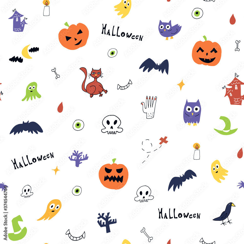 Obraz premium Halloween hand drawn pumpkin vector doodle seamless pattern