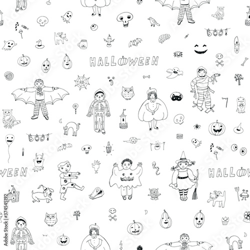 Wallpaper Mural Halloween with kids, pumpkin, cats, moon, skull line hand drawn vector doodle seamless pattern Torontodigital.ca