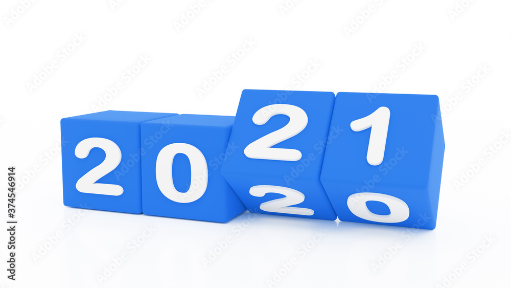 2021 New year change, turn. 2021 start 2020 end, blue dice isolated against white background. 2021 New year change, turn. 2021 start 2020 end, blue dice isolated against white background.
