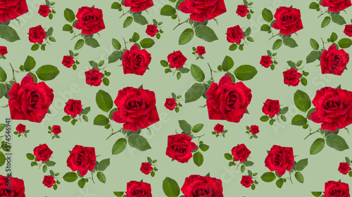 Green background with red rose flowers