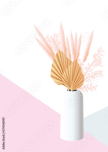 Pampas grass and palm leaves in a vase. Delicate composition of dried flowers