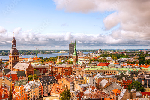 Looking over the Riga  old town with its medieval buildings and Daugava River