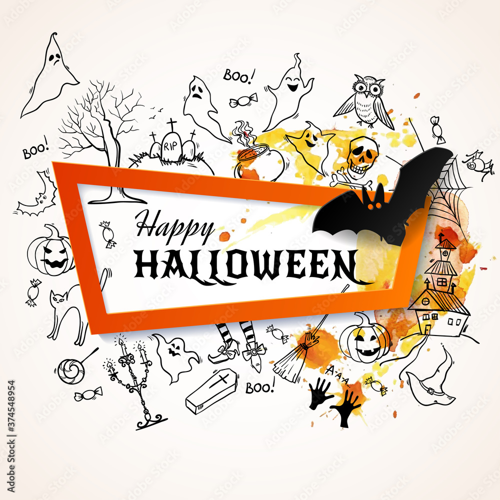 Happy Halloween banner with hand drawn doodle Halloween symbols and elements. Vector illustration