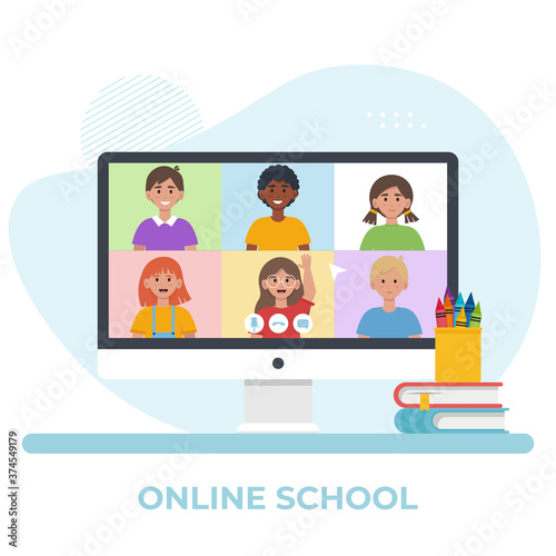 Monitor screen with video conference with school children. Online education concept. Flat vector illustration