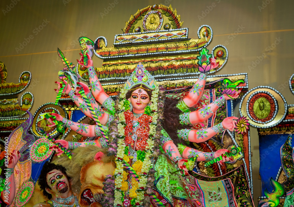 Close up view of Maa Durga's Face during Durga Puja .Durga Puja or Durgotsava,is an annual Hindu festival celebrated mainly in West Bengal,India.