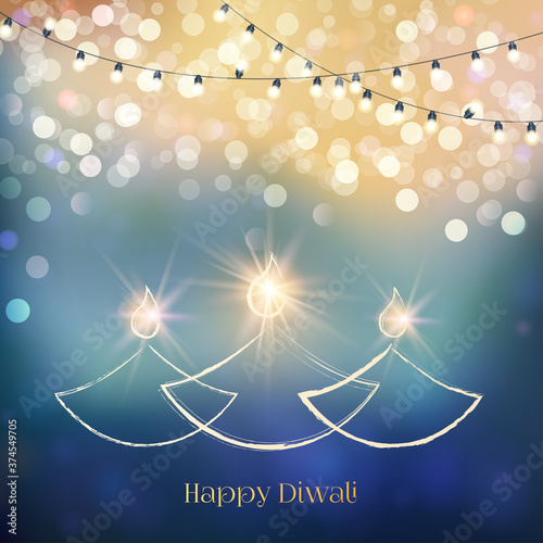 Happy Diwali festive background with stylized oil lamps. Happy Diwali Card. Vector illustration photo