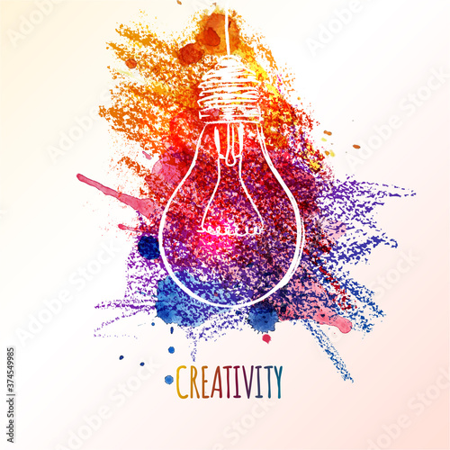 Creativity concept. Light bulb with colorful crayon splashes. Concept or creative thinking and unique ideas. Vector illustration
