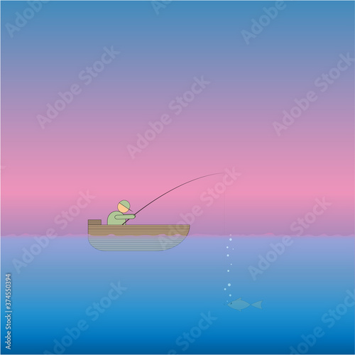 vector illustration of a fisherman sitting in a boat with a fishing rod during the sunrise and a fish in the water looking at the hook blowing air bubbles