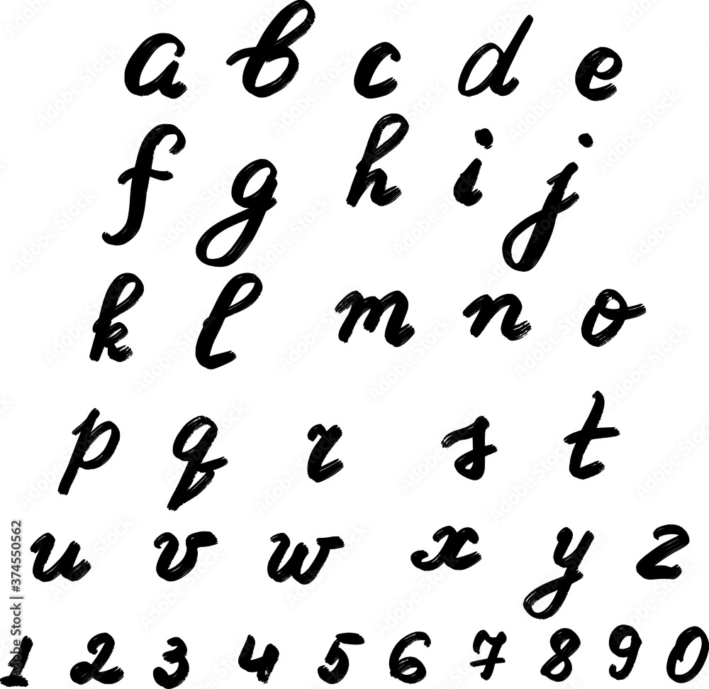 Set of letters, alphabet, lettering hand drawn. Hand made font, black letters isolated on a white background, numbers 1-10, vector elements. Set of letters, alphabet, lettering hand drawn. Hand made font, black letters isolated on a white background, numbers 1-10, vector elements.