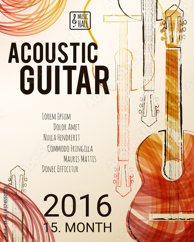 Acoustic guitar event design for flyer, poster, invitation. Vector illustration photo