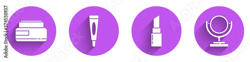 Set Cream or lotion cosmetic tube, Cream or lotion cosmetic tube, Lipstick and Round makeup mirror icon with long shadow. Vector.