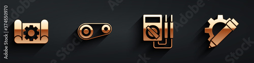 Set Graphing paper and gear, Timing belt kit, Multimeter and Pencil and gear icon with long shadow. Vector.