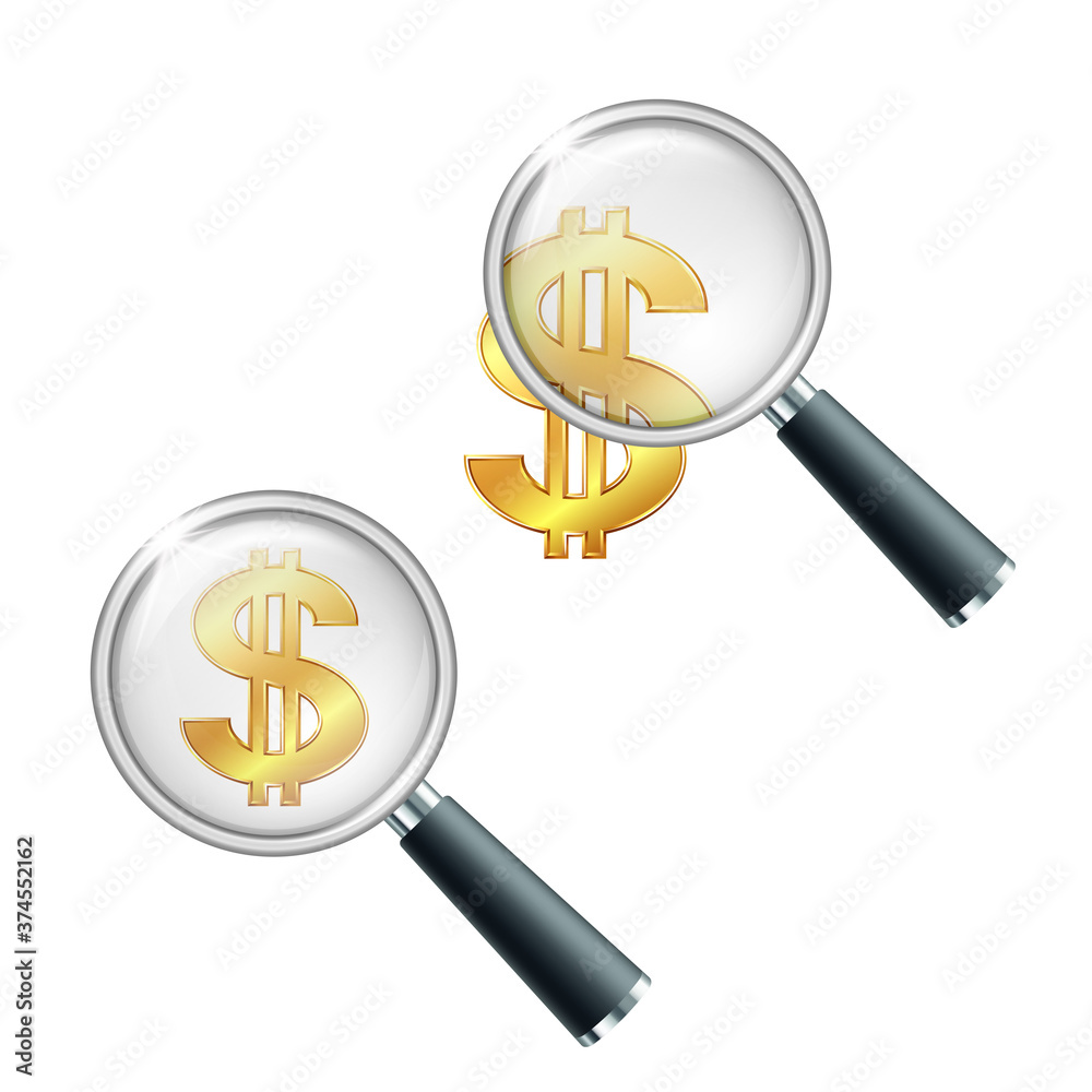 Golden dollar symbol with two vertical lines with magnifying glass. Golden dollar symbol with two vertical lines with magnifying glass.