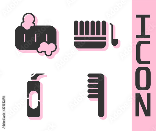 Set Hairbrush, Bar of soap with foam, Spray can for hairspray and Sauna bucket and ladle icon. Vector.