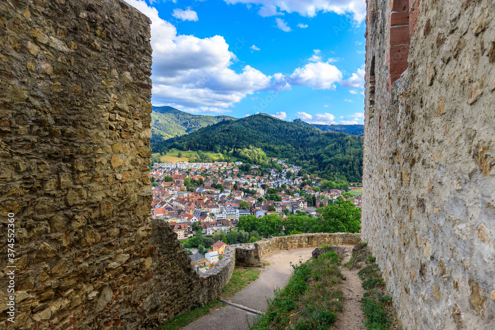 View from the castle Kastelburg to the town Waldkirch, Black Forest mountains, Germany, seen from the castle 