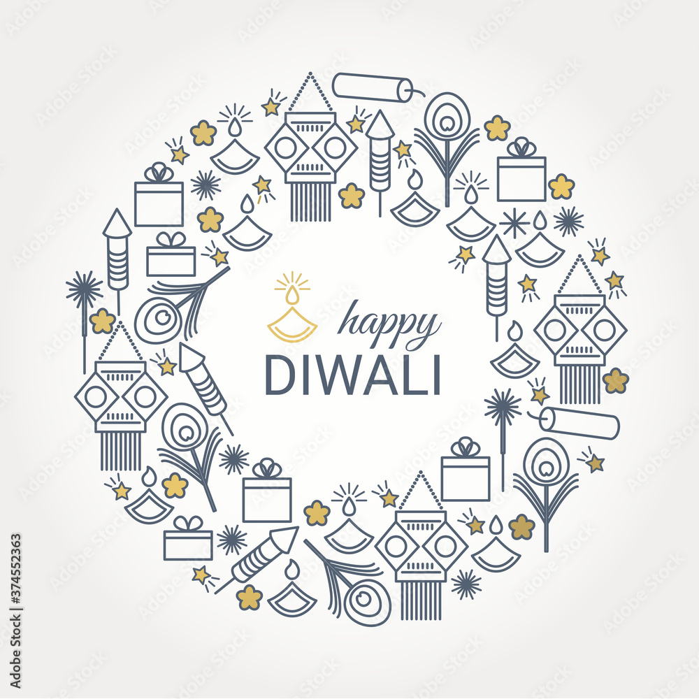 Happy Diwali design with Festival line icons symbols. Vector background
