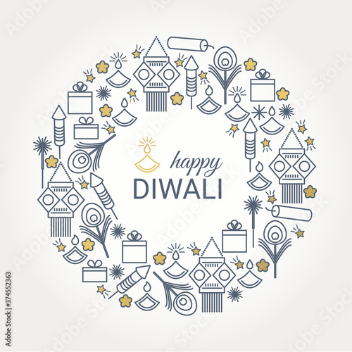 Happy Diwali design with Festival line icons symbols. Vector background