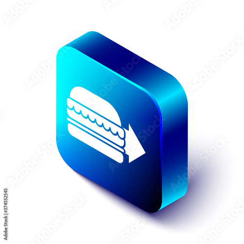 Isometric Online ordering and burger delivery icon isolated on white background. Blue square button. Vector Illustration.