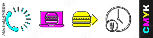 Set Food ordering, Online ordering burger delivery, Online ordering burger delivery and Round the clock delivery icon. Vector.