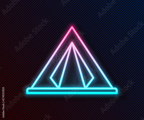 Glowing neon line Tourist tent icon isolated on black background. Camping symbol. Vector Illustration.