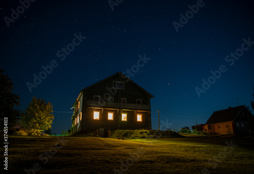 night landscape with blue sky many stars and lake © константин константи