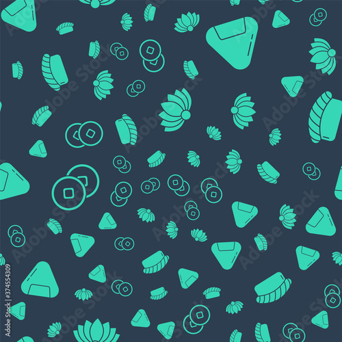 Set Lotus flower, Sushi, Chinese Yuan currency and Sushi on seamless pattern. Vector.