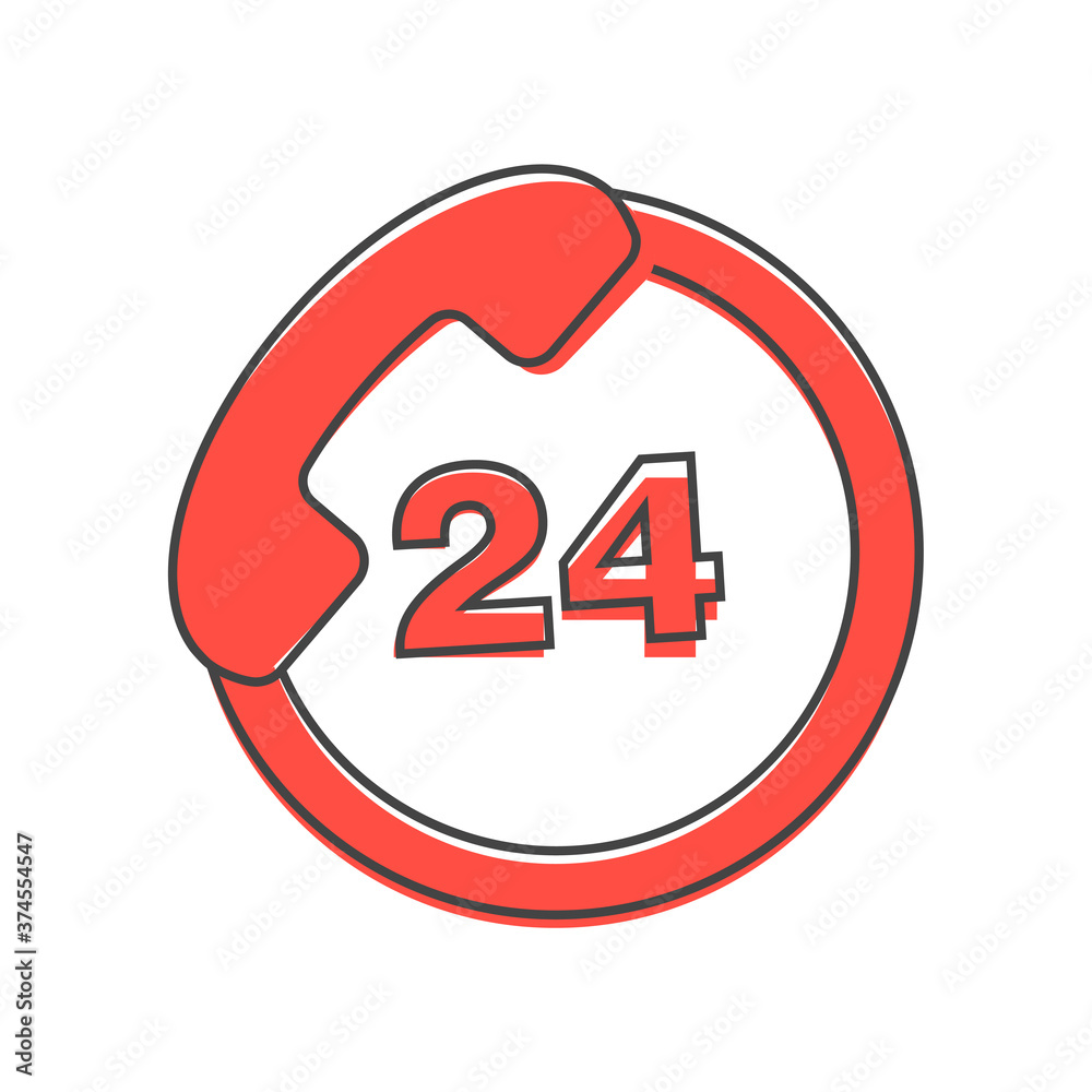 Vector phone icon. Support 24 hours a day. Round the clock cartoon style on white isolated background. Vector phone icon. Support 24 hours a day. Round the clock cartoon style on white isolated background.