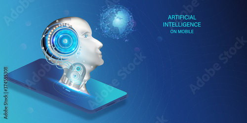 Artificial intelligence provide access to information and data in online smartphone or on mobile. AI in the form of face man cyborg or bot coming out of the screen phone