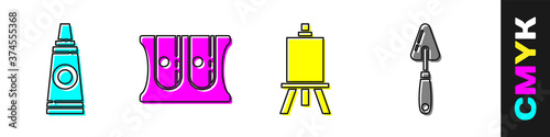 Set Tube with paint palette, Pencil sharpener, Easel or painting art boards and Palette knife icon. Vector.