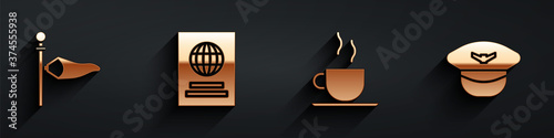Set Cone meteorology windsock wind vane, Passport, Coffee cup and Pilot hat icon with long shadow. Vector.