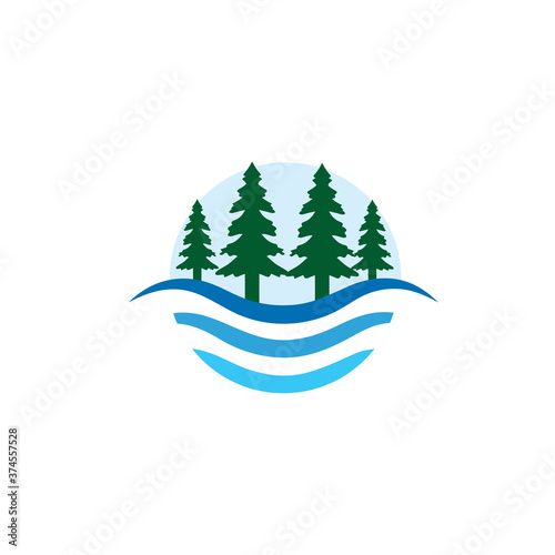 Forest trees with river logo design
