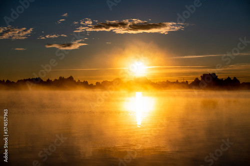 fog on the lake through green reeds at sunrise