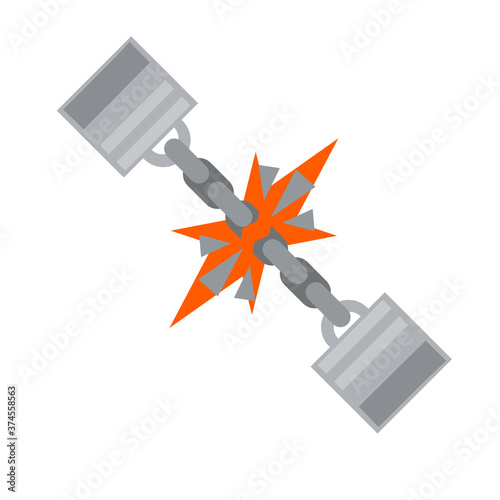 Handcuff. Icon of arrest of offender. Element of police and prisons. Restriction of freedom and release. Broken Shackles for hand. Damaged chain.