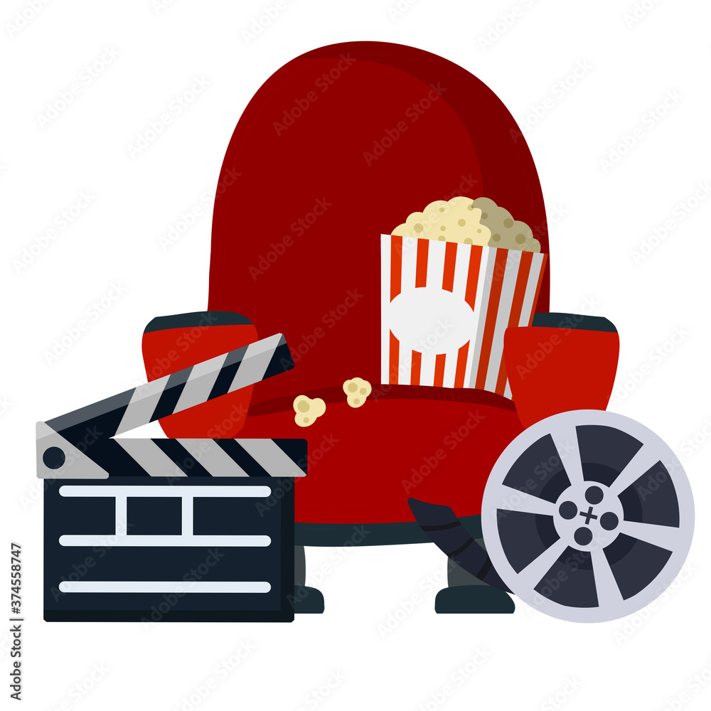 Cinema chair. Red armchair and seat. Set of movie elements. Film, corn popcorn, soda drink. Concept and objects. Cartoon flat illustration isolated on white