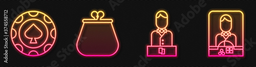 Set line Casino dealer, Casino chips, Wallet and Casino dealer. Glowing neon icon. Vector.