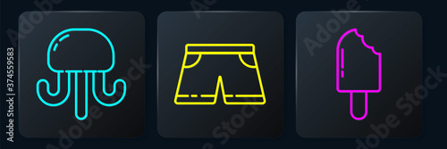 Set line Jellyfish, Ice cream and Swimming trunks. Black square button. Vector.