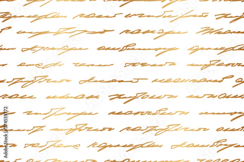 Gold text. Vintage seamless pattern. Golden scrawl. Elegant handwriting. Background handwrite. Write love letter. Gold written poem text. Hand drawn golden words pattern for design prints. Vector