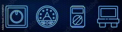 Set line Multimeter, Electric light switch, Ampere meter, multimeter, voltmeter and Fuse. Glowing neon icon on brick wall. Vector.