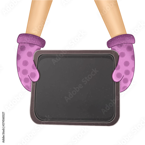 Mittened hands hold an oven tray for baking and food preparation