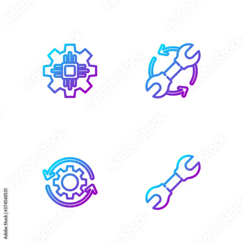 Set line Wrench spanner, Gear and arrows as workflow, Processor and . Gradient color icons. Vector. photo