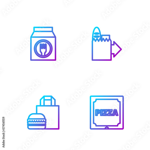 Set line Pizza in cardboard box, Online ordering burger delivery, and and . Gradient color icons. Vector.