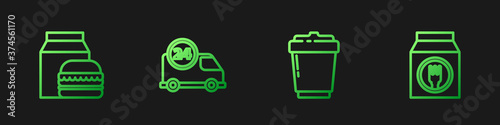 Set line Coffee cup to go, Online ordering and burger delivery, Fast by car and . Gradient color icons. Vector.
