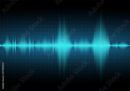 The pulse earthquake. Frequency of the blue sound wave. Earthquake graph. Stock vector illustration on dark grid background. 