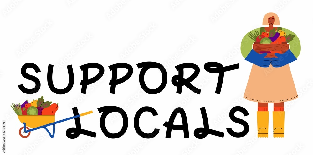 Support locals lettering with female farmer holding wooden crate full of vegetables. Vector flat illustration