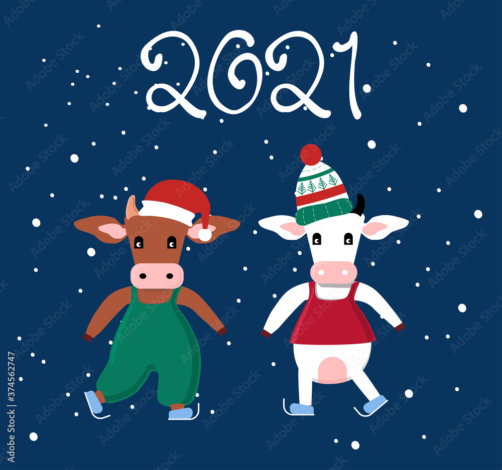 Fototapeta premium ПеCute cartoon Ox and Cow in dress and scandinavian knitted hat skating.Happy Chinese New Year 2021,Merry Christmas card.Seasonal sale,gift card or promo flyer template.Bull family celebrating.Vector
