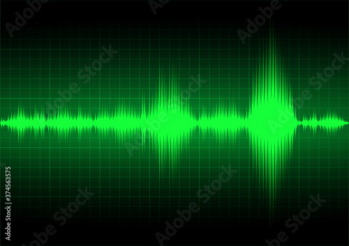The pulse earthquake. Frequency of the blue sound wave. Earthquake graph with green color. Stock vector illustration on dark grid background. 